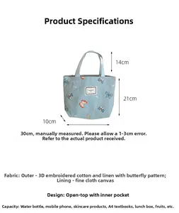 Borsa tote blu con ricamo a farfalla mostra dimensioni 30x21x10cm e altezza del manico