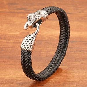 Pulsera de Cuero Trenzado con Cabeza de Serpiente de Acero Inoxidable para Hombre Punk Joyería de Motivo Animal para Fiesta Club