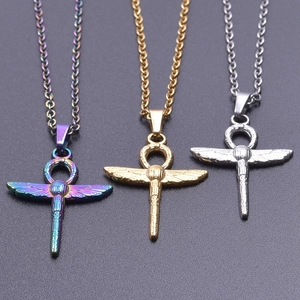 Detailed comparison of Egyptian Ankh wing pendants in rainbow, gold, and silver finishes