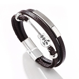 Multi-layer brown leather bracelet for men featuring silver guitar charm and magnetic clasp