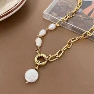 French retro gold metal chain necklace with baroque pearls and large round pendant charm
