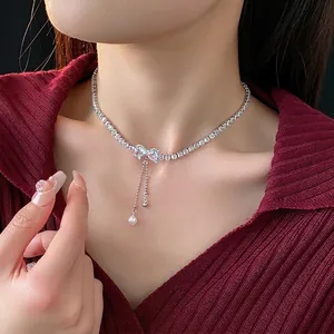 Choker Necklace Bowknot Pendant Copper Zircon Faux Artificial Pearl Tassel Silver Plated Elegant Fashion Jewelry For Women
