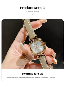 Detail of rose gold square quartz watch with sunray dial and brown leather strap