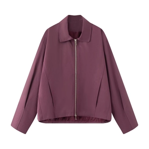 Detail of a purple cropped zip-up jacket with lapel collar and workwear utility pockets