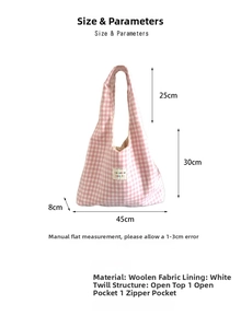 Detailed view of plaid tote bag interior with open pocket and zipper compartment