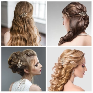 Collage of four hairstyles showing the golden star hair clip worn by female models