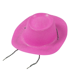 Rosa Glitzer Cowboyhut mit verstellbarem gestreiftem Kinnriemen für Partys und Raves