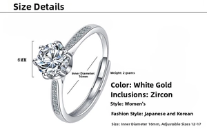 Detail view of V-shaped silver ring showing a 6mm round zircon and adjustable band size