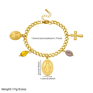 18K gold plated beaded bracelet with Virgin Mary, cross, and colorful teardrop charms