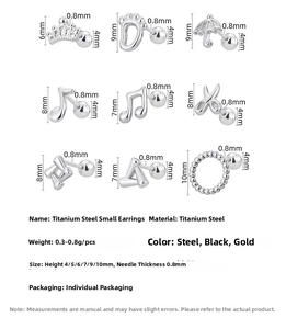 Detailed size specifications for surgical steel stud earrings with animal and geometric motifs