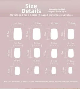 Size chart for short square press-on nails with 12 dimensions for female curvature fit