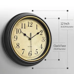30cm vintage Nordic wall clock with silent quartz movement and classic black gold frame