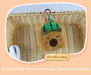 Detail of plush Capybara coin purse with green leaf accent and PP cotton stuffing