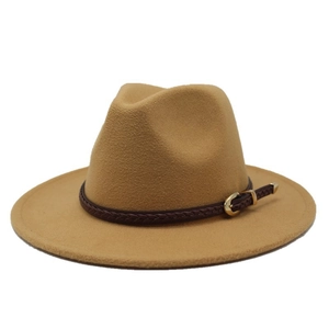 Detail of camel wool fedora hat featuring woven leather band and gold metallic buckle