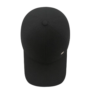 Men's winter baseball cap with ear flaps in solid black wool fabric for cold weather
