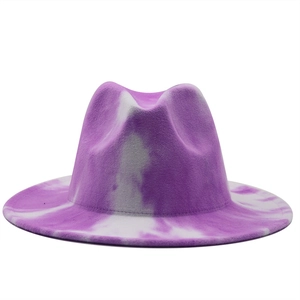 Close-up of the purple and white tie-dye wool felt fedora with a wide flat brim