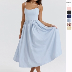 Women Spaghetti Strap Backless Midi Dress Polyester Waist-Cinching A-Line Big Swing Elegant Summer Vacation
