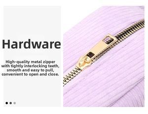 Close-up of lavender corduroy makeup bag featuring a durable gold metal zipper