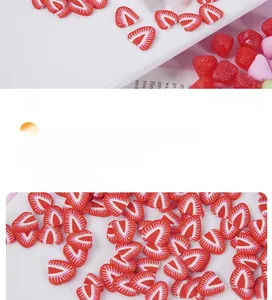 Macro detail of realistic polymer clay strawberry slices for DIY crafts and nail art