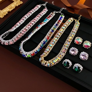 Elegant Square Colorful Zircon Necklace And Stud Earrings Copper Clavicle Chain For Women Fashion Luxury Accessories
