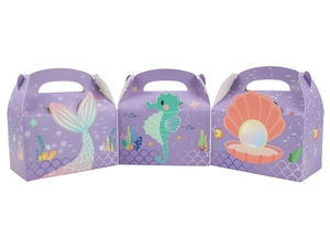 Detail of purple mermaid theme paper gift boxes with shell and seahorse prints