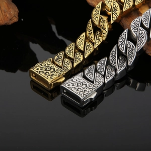 Vintage engraved cuban link bracelets in gold and silver steel with tribal patterns