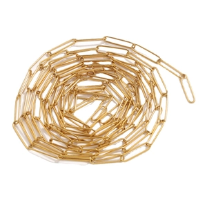 Golden stainless steel paperclip chain necklace accessory arranged in spiral on white background