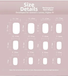 Size chart showing 12 dimensions for long square artificial nails in a 24-piece set