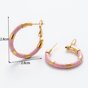 Pink and gold C-shaped stainless steel hoop earrings with 2.8cm diameter minimalist design