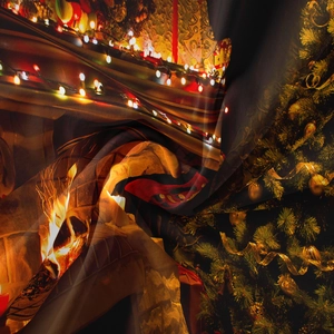 Detail showing the lightweight fabric texture and festive fireplace print of the tapestry