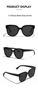 Three angles of oversized square sunglasses in bright black with dark grey lenses