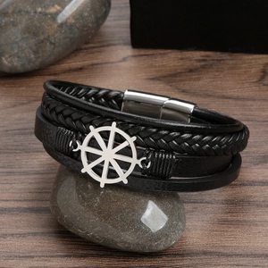 Men's multi-layer black leather woven bracelet with silver rudder charm and magnetic clasp