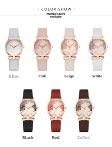Fashion quartz watches for women with leaf dial print and leather straps in seven colors