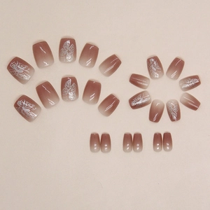 Brown gradient press-on nails with white butterfly art and glitter on square oval tips