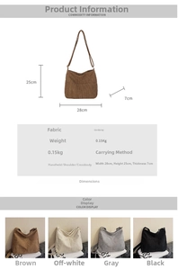 Detailed corduroy tote dimensions chart showing size 28x25x7cm and four color options