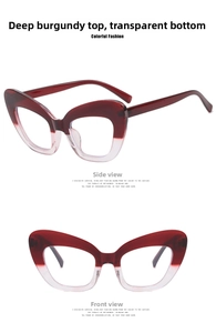 Detail view of cat-eye glasses frame with burgundy to transparent gradient finish