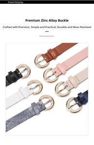 Detailed display of thin belts with premium zinc alloy buckles and sparkling rhinestones