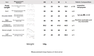 Detailed size chart for lace-up bow slim top including measurements and fabric info