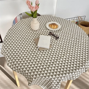 Round cotton linen tablecloth with grey triangle pattern for dining and tea tables