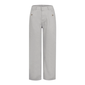 Detail of high-waist grey wide-leg jeans with two decorative front waist buttons
