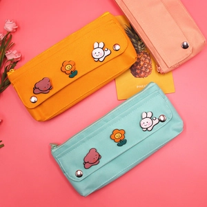 Minimalist oxford cloth pencil cases with cute cartoon patches in yellow, green and pink