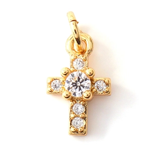 Minimalist gold plated cross pendant charm with sparkling round cubic zirconia stones