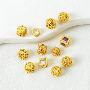 Golden sand gold beads with colorful zircon inlay for DIY bracelet and necklace making