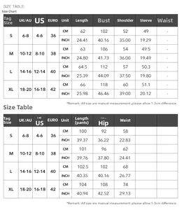 Detailed size chart for women's striped two-piece set including top and pants measurements