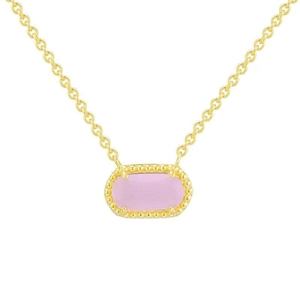 Detailed view of the 18K gold chain featuring an oval pink gemstone pendant with beaded edges