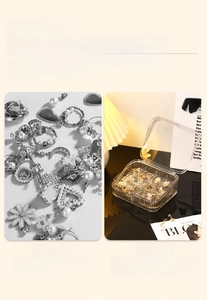 Dual-layer transparent jewelry box showing before and after organized grid storage