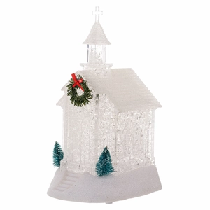 Luminous crystal church figurine with mini Christmas trees on snowy base centerpiece