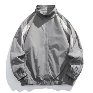 Men's casual standing collar jacket in grey with white stripes and zip closure
