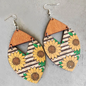 Bohemian wooden sunflower and stripe patterned drop earrings with metal hooks