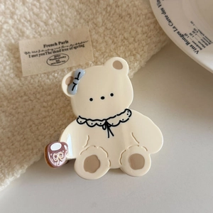 Pince à cheveux ours crème avec nœud bleu et motifs de dentelle pour femme